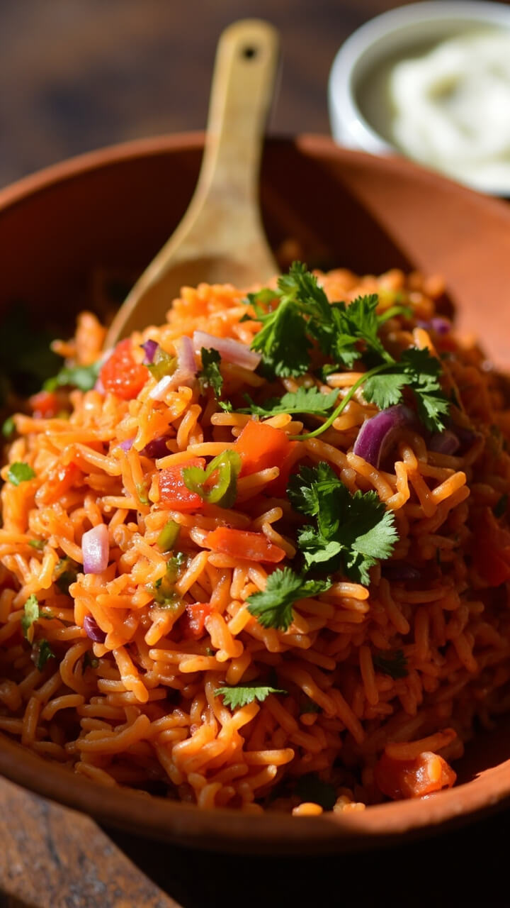 A shallow terracotta bowl filled with vivid red-orange rice, flecked with diced tomatoes, red onion, and fresh chopped green chilies. A spoon rests inside, chopped cilantro scattered as garnish with a small bowl of yogurt on the side. A shallow terracotta bowl filled with vivid red-orange rice, flecked with diced tomatoes, red onion, and fresh chopped green chilies. A spoon rests inside, chopped cilantro scattered as garnish with a small bowl of yogurt on the side.