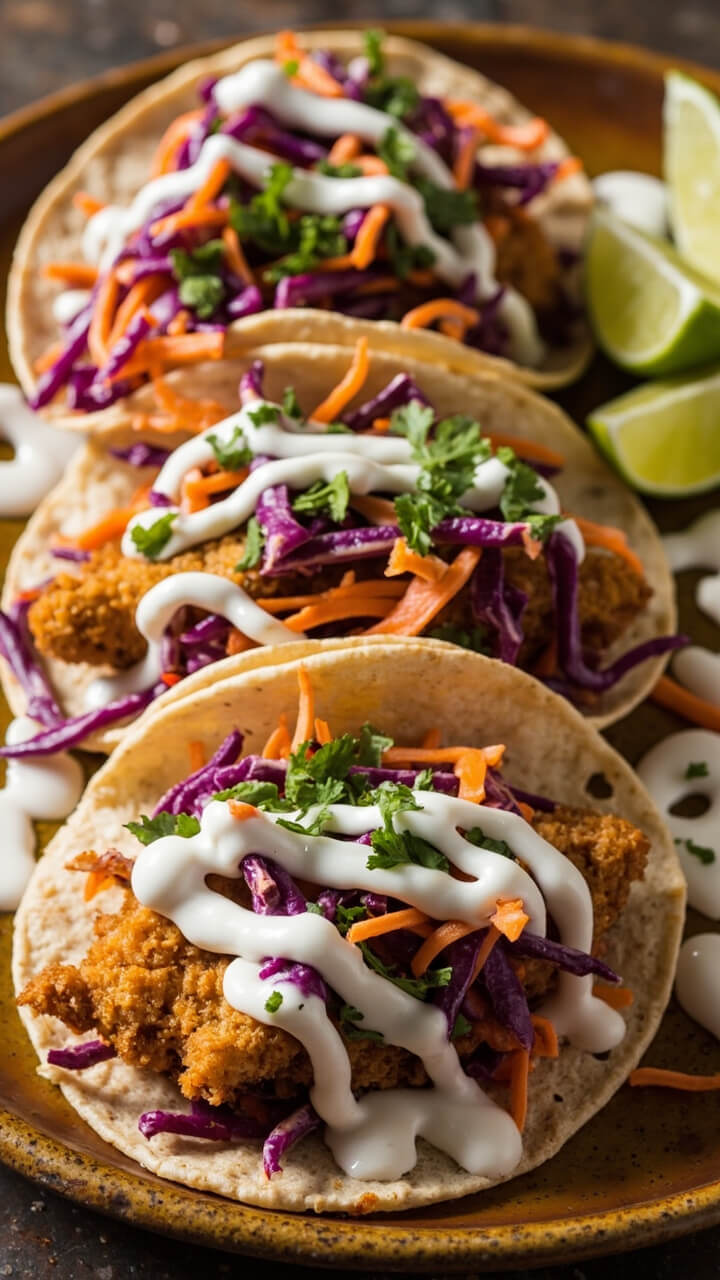 Three small corn tortillas each holding a strip of golden-fried catfish, topped with crisp slaw and a drizzle of creamy sauce, on a round plate garnished with lime wedges.