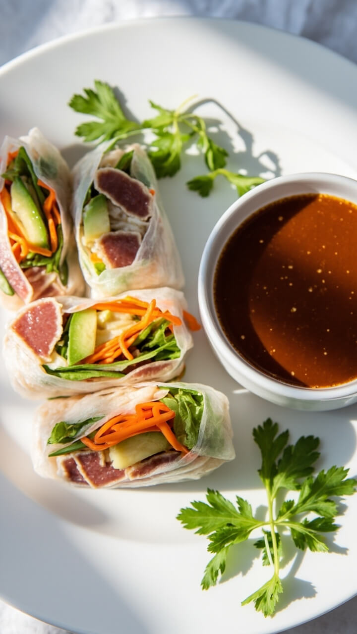 Four translucent rice paper rolls filled with flakes of tuna, slim avocado slices, strips of cucumber and carrot. Plates have a small bowl of soy-lime dipping sauce and some cilantro sprigs for garnish.