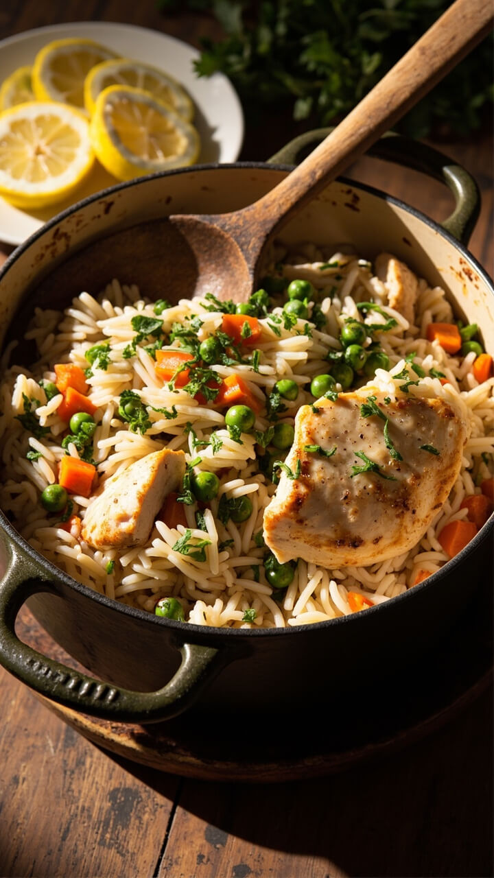 A rustic enamel Dutch oven filled with fluffy rice and tender chunks of golden, pan-seared chicken breast, peas and diced carrots mixed throughout. Parsley sprinkled on top, a big spoon resting in the pot, with slices of lemon on a plate nearby. A rustic enamel Dutch oven filled with fluffy rice and tender chunks of golden, pan-seared chicken breast, peas and diced carrots mixed throughout. Parsley sprinkled on top, a big spoon resting in the pot, with slices of lemon on a plate nearby.
