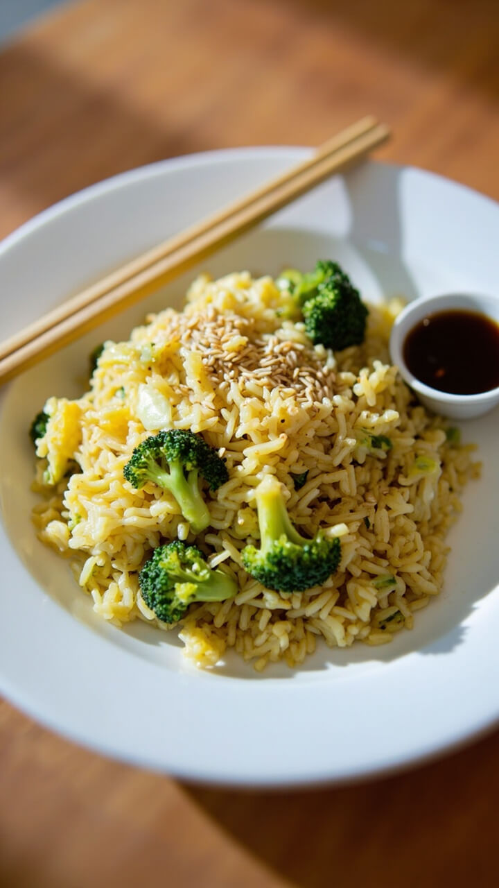 A wide white dinner plate with a mound of golden rice, tender green broccoli florets mixed throughout, with plenty of scrambled egg bits and a sprinkle of sesame seeds. Chopsticks and a small bowl of soy sauce on the side. A wide white dinner plate with a mound of golden rice, tender green broccoli florets mixed throughout, with plenty of scrambled egg bits and a sprinkle of sesame seeds. Chopsticks and a small bowl of soy sauce on the side.
