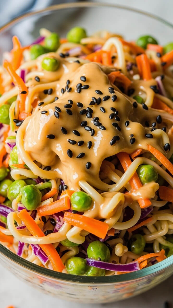 A mound of cold ramen noodles tossed with thin-sliced cabbage, shredded carrots, and edamame, drizzled with creamy sesame dressing. The salad sits in a glass bowl sprinkled with black sesame seeds.