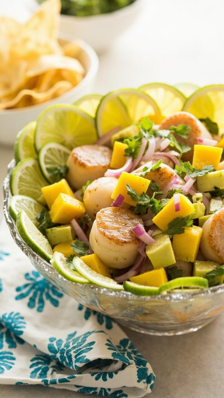A shallow glass bowl filled with small scallop slices, diced mango, avocado, red onion, and cilantro tossed in citrus marinade. Thin lime slices and tortilla chips ring the edge, with a blue and white napkin nearby.