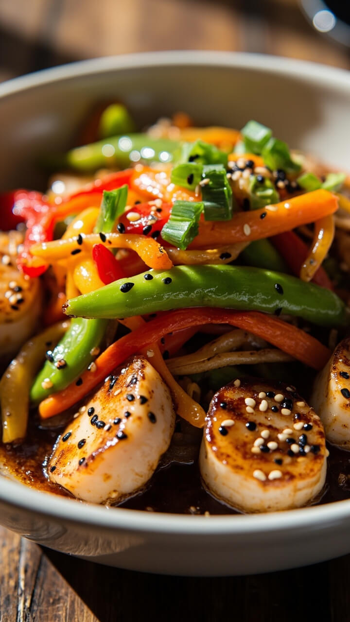 A white bowl piled with stir-fried bell peppers, snow peas, and carrots mingled with scallops glazed in soy and ginger sauce. Sesame seeds and scallions top it off.