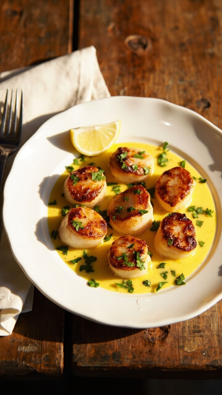A white plate with six golden-seared scallops, glossy lemon-butter sauce spooned around them, a sprinkle of chopped parsley, and lemon wedges tucked on the side. The background is a rustic wood table with a linen napkin and simple silver cutlery.
