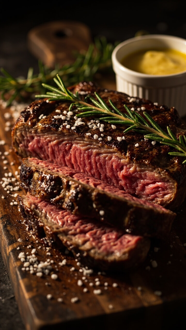 A golden-crusted ribeye sliced on a rustic wood cutting board, juicy pink center visible, scattered with flaky sea salt and cracked pepper, fresh sprigs of rosemary and a side of melted butter in a ramekin.