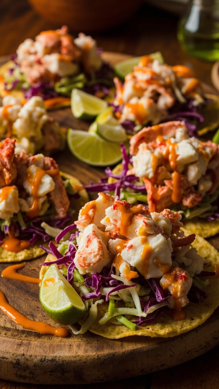 Corn tortillas filled with chunks of lobster, colorful cabbage slaw, avocado slices, and a drizzle of bright orange chipotle mayo, arranged on a rustic board with lime wedges. Corn tortillas filled with chunks of lobster, colorful cabbage slaw, avocado slices, and a drizzle of bright orange chipotle mayo, arranged on a rustic board with lime wedges.