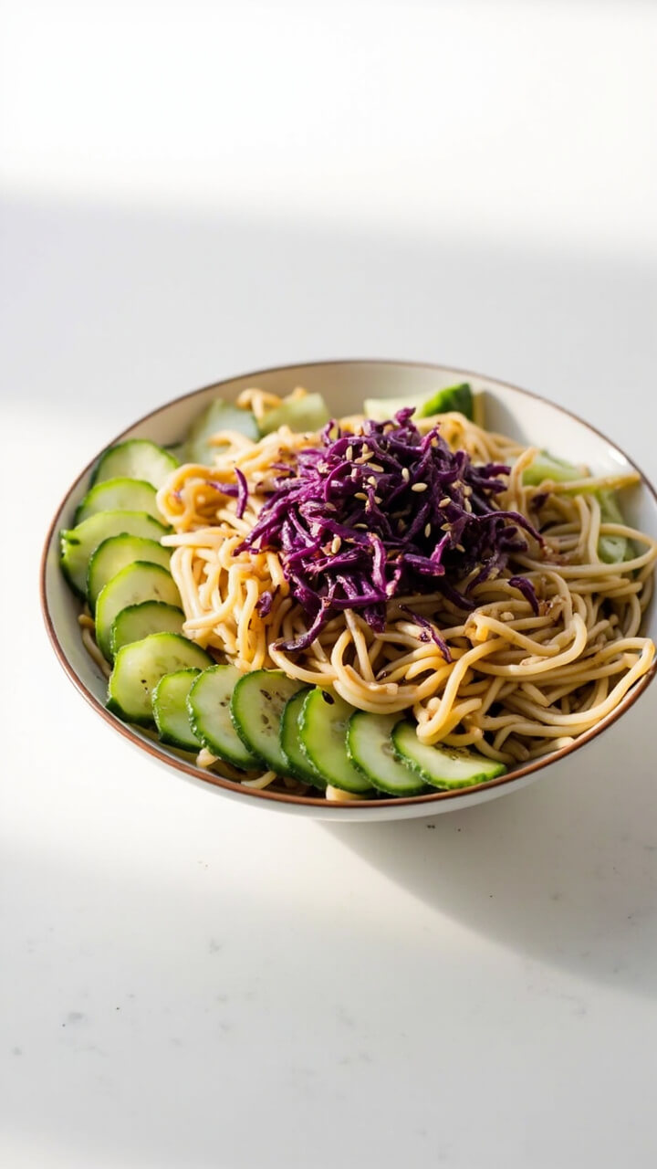 A shallow bowl of chilled ramen noodles tossed in creamy sesame-ginger sauce, topped with sliced cucumbers, shredded purple cabbage, and sprinkled with sesame seeds.