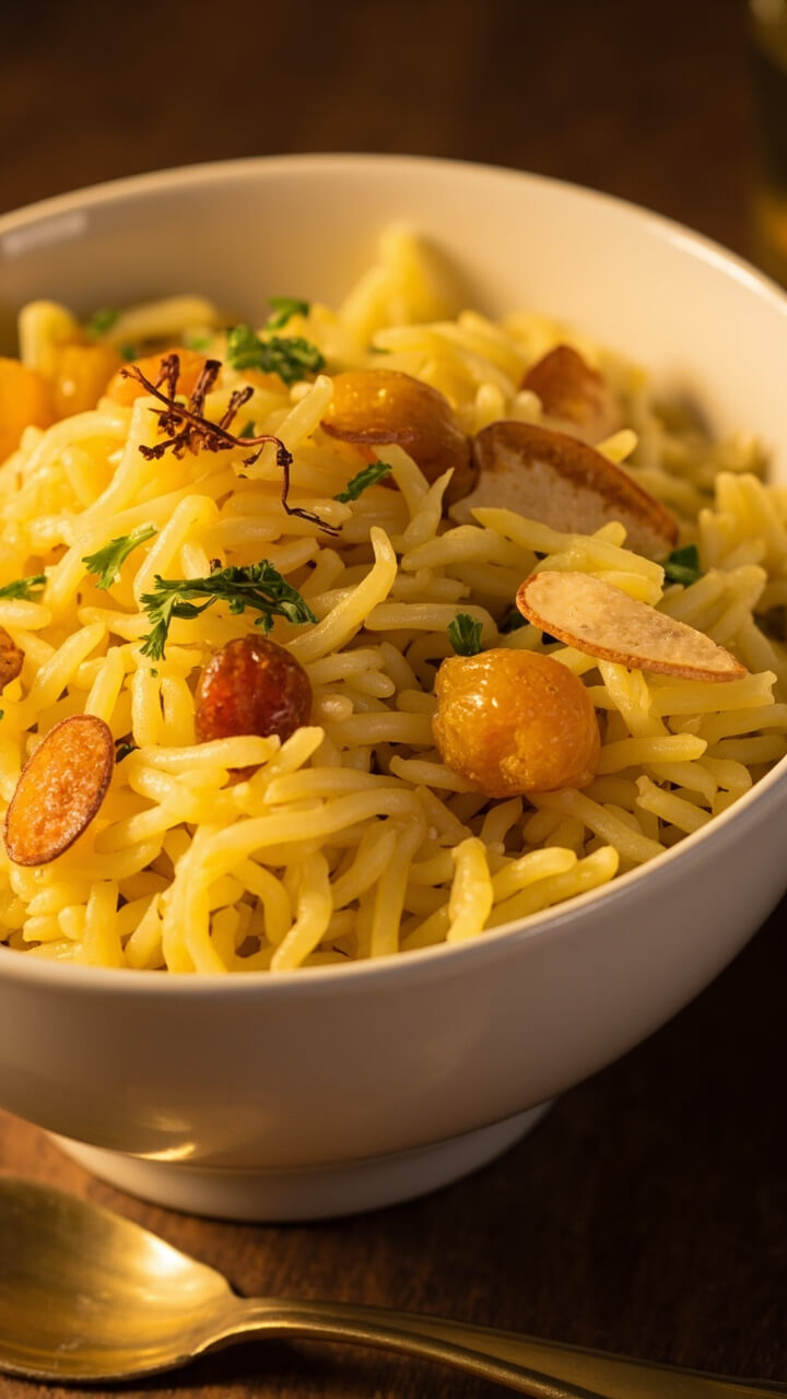 A round white bowl filled with golden-yellow saffron rice studded with slivers of toasted almonds and plump golden raisins. A few saffron strands and chopped parsley on top, beside a brass serving spoon. A round white bowl filled with golden-yellow saffron rice studded with slivers of toasted almonds and plump golden raisins. A few saffron strands and chopped parsley on top, beside a brass serving spoon.