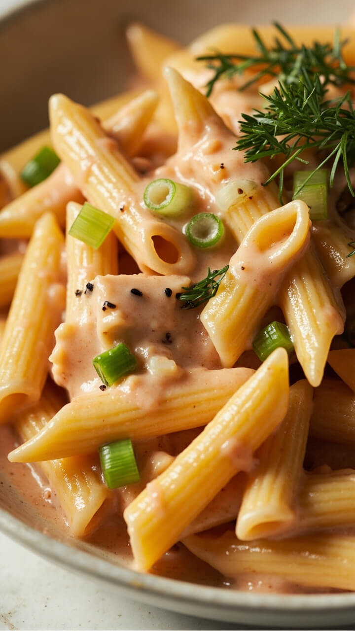 Shallow pasta bowls filled with penne coated in a blush creamy sauce, chunks of lightly blackened white fish throughout, garnished with scallions and a few sprigs of parsley.