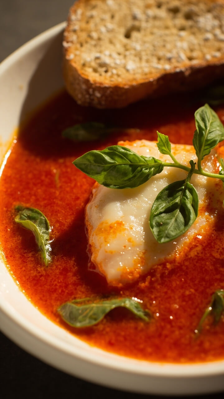 A shallow white bowl with a piece of gently poached white fish, bathed in a vibrant red tomato broth with a few sprigs of fresh basil floating on top and a thick slice of toasted rustic bread on the side.