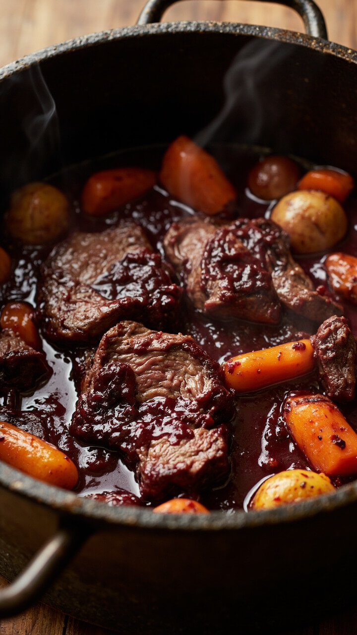 Tender slices of chuck steak nestled in rich, deep red wine sauce alongside carrots and pearl onions in a large, rustic Dutch oven, steam rising above.