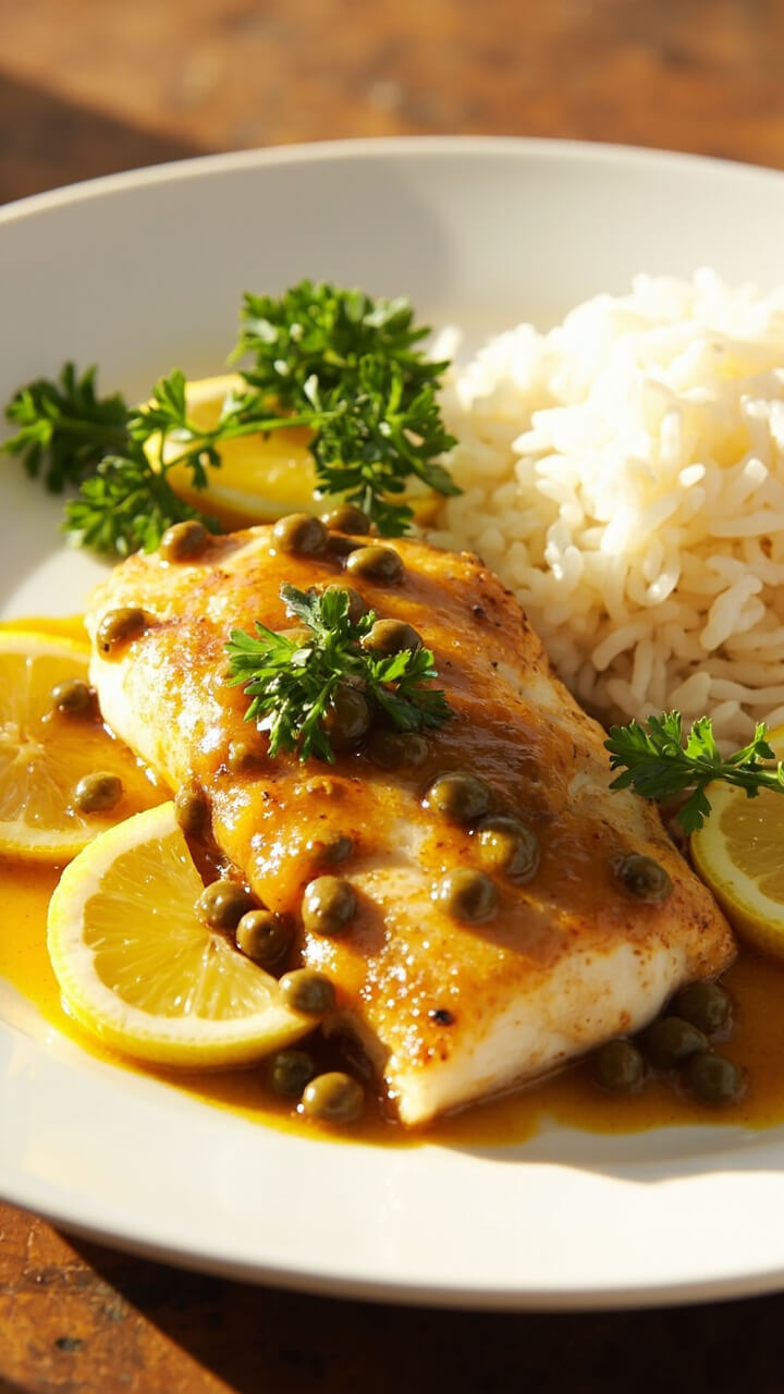 Golden tilapia fillets on a white dinner plate, drizzled with glossy lemon caper sauce, garnished with parsley and extra lemon slices, with a scoop of fluffy rice on the side.