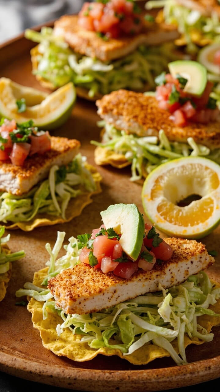 Crispy corn tostadas topped with paprika-dusted baked fish, shredded lettuce, a scoop of tomato salsa, avocado slices, and a sprinkle of cilantro—lined up on a serving platter.