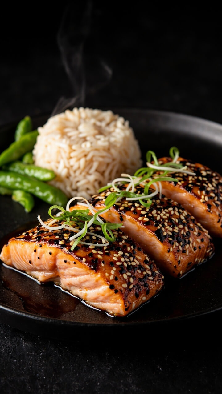 Rectangular fillets of salmon coated top and bottom with white and black sesame seeds, pan-seared to a golden crust and placed on a matte black plate. Sliced scallions and a little soy sauce are drizzled atop, with a side of jasmine rice and steamed snap peas.