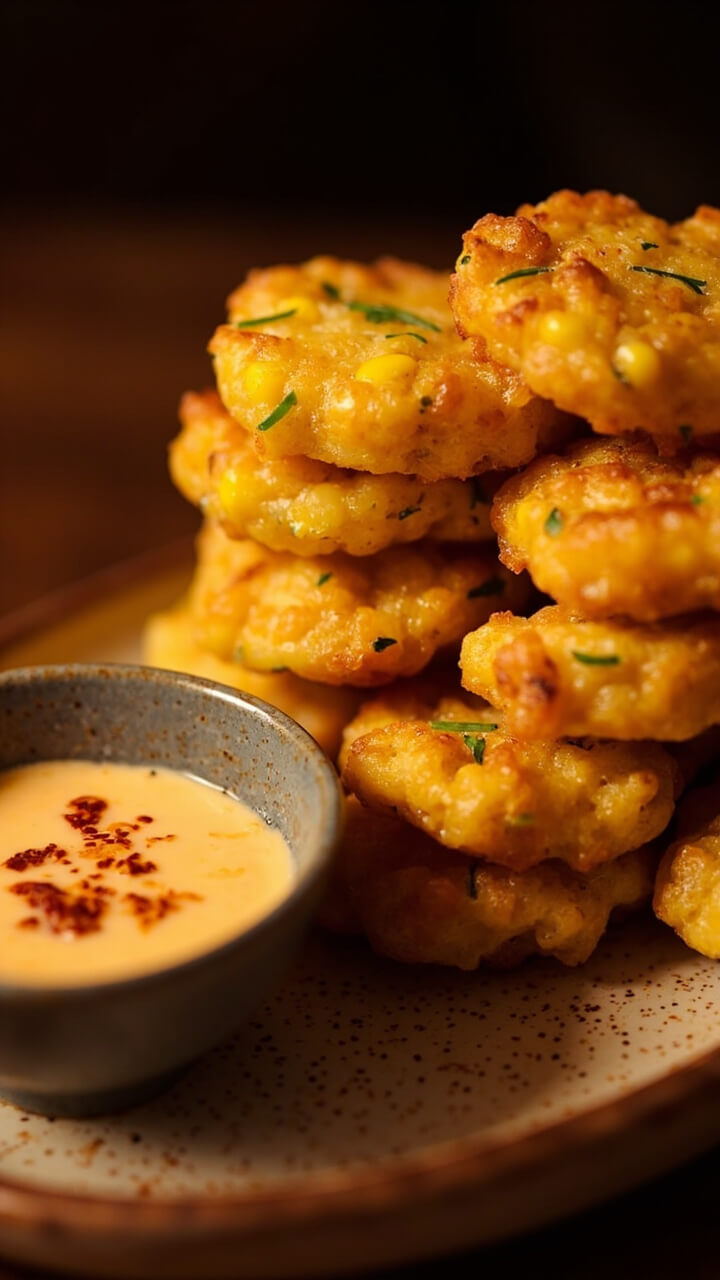 Golden, round fritters piled on a speckled plate with a dipping bowl of spicy aioli; bits of corn and herbs visible in each fritter.