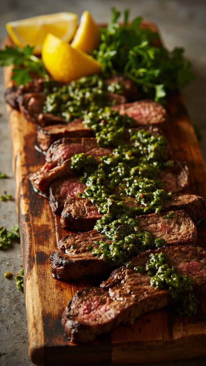 Thin slices of grilled flank steak arranged on a platter, brushed with vibrant green chimichurri sauce, garnished with chopped parsley, and served with lemon wedges.