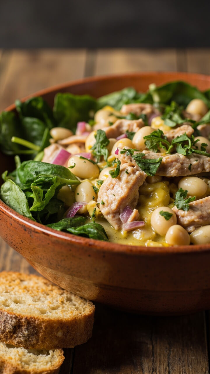 A medium ceramic serving bowl brimming with tuna flakes, creamy white cannellini beans, chopped parsley, minced red onion, and baby spinach, all tossed in a bright lemon vinaigrette. A crusty bread slice rests alongside.