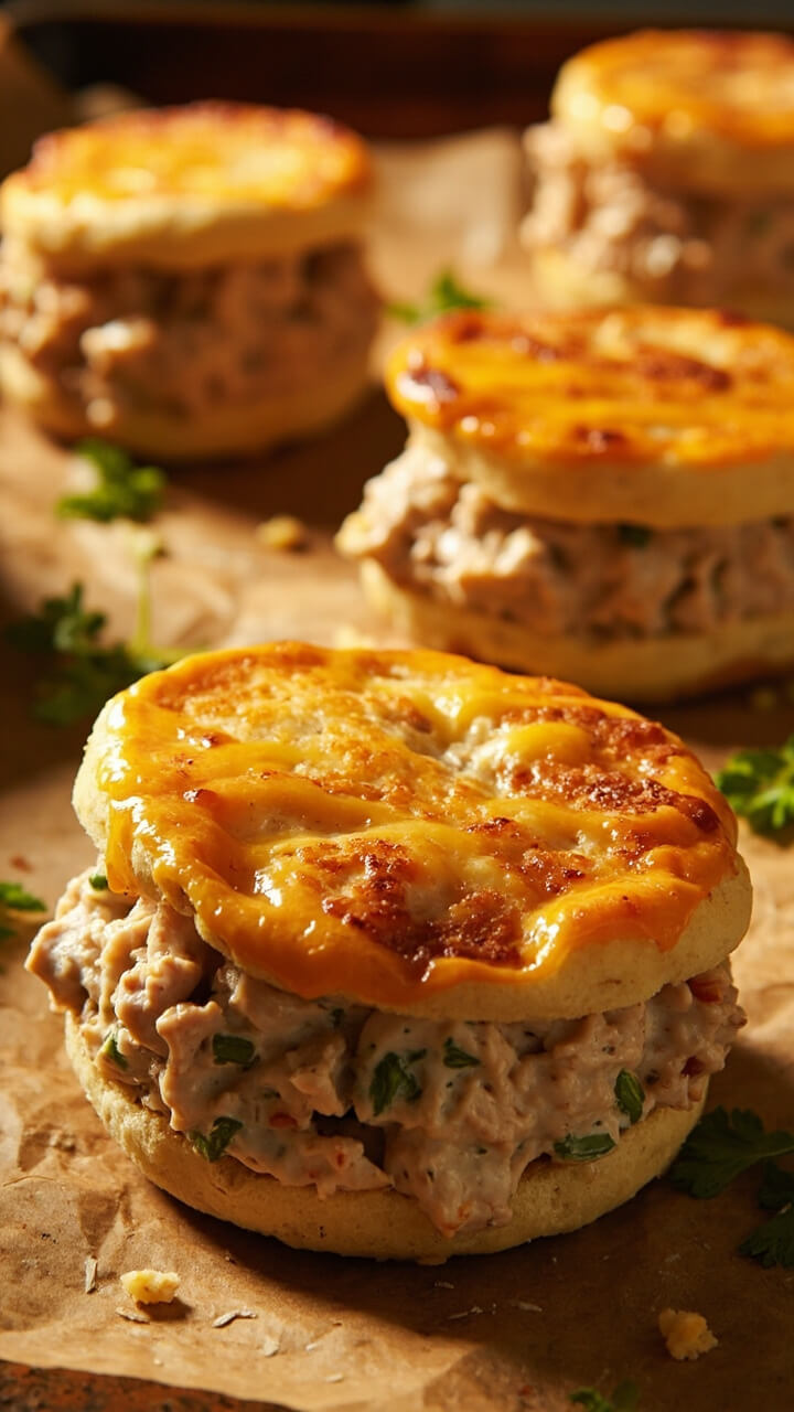 Halved English muffins loaded with a creamy tuna mixture and topped with bubbly, golden melted cheddar. The muffins rest on a baking sheet lined with parchment, a few crumbs and sprigs of parsley scattered around.