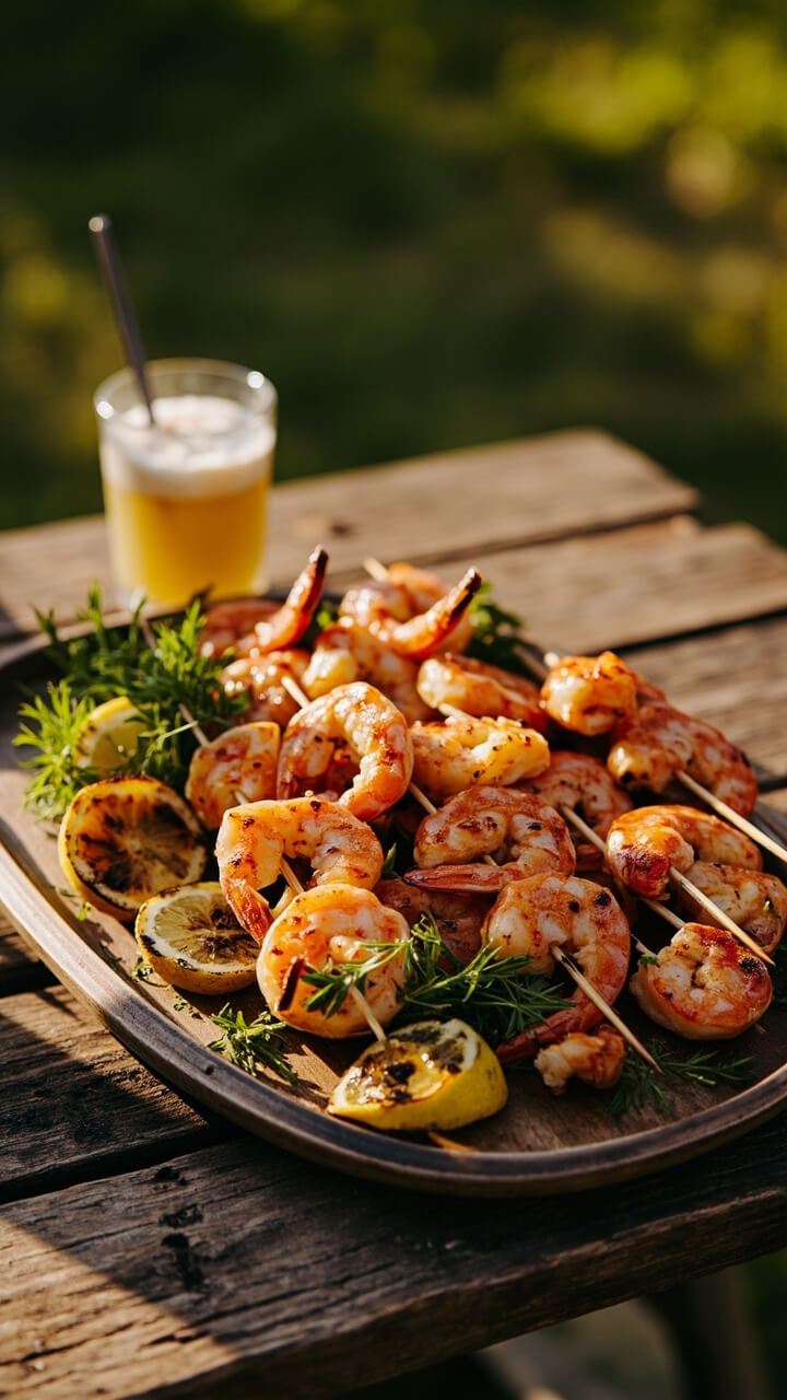 Wooden skewers threaded with glossy shrimp, grilled until lightly charred, arranged on a serving platter with grilled lemon halves, sprinkled with chopped parsley and dill, set on an outdoor picnic table.