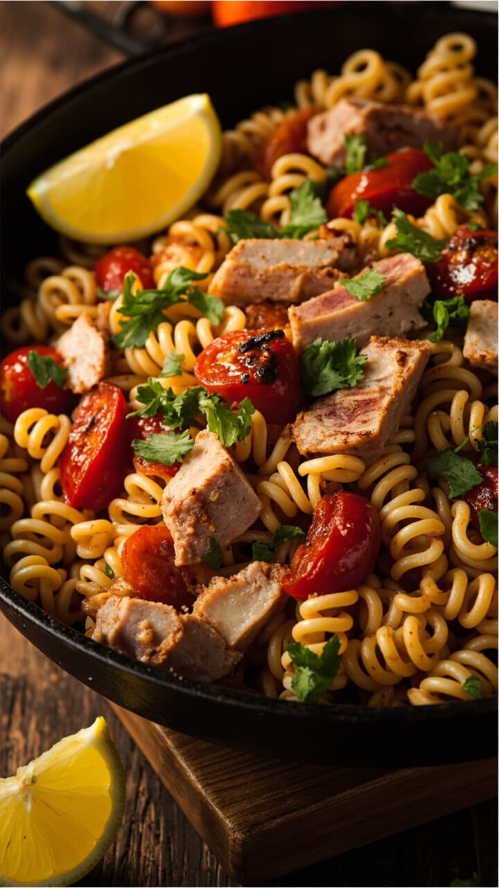 A wide skillet containing spiral pasta tangled with juicy blistered cherry tomatoes and flakes of chunky tuna. Italian parsley is scattered over the top, lemon wedges scattered at the side. The pan sits on a trivet, ready to serve.