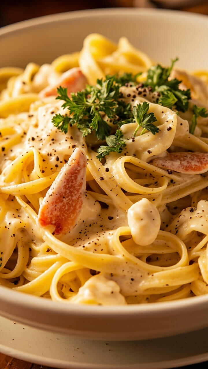 A pasta bowl heaped with fettuccine tossed in glossy, white alfredo sauce, with crabmeat folded in and a flurry of fresh parsley and cracked pepper on top. A pasta bowl heaped with fettuccine tossed in glossy, white alfredo sauce, with crabmeat folded in and a flurry of fresh parsley and cracked pepper on top.