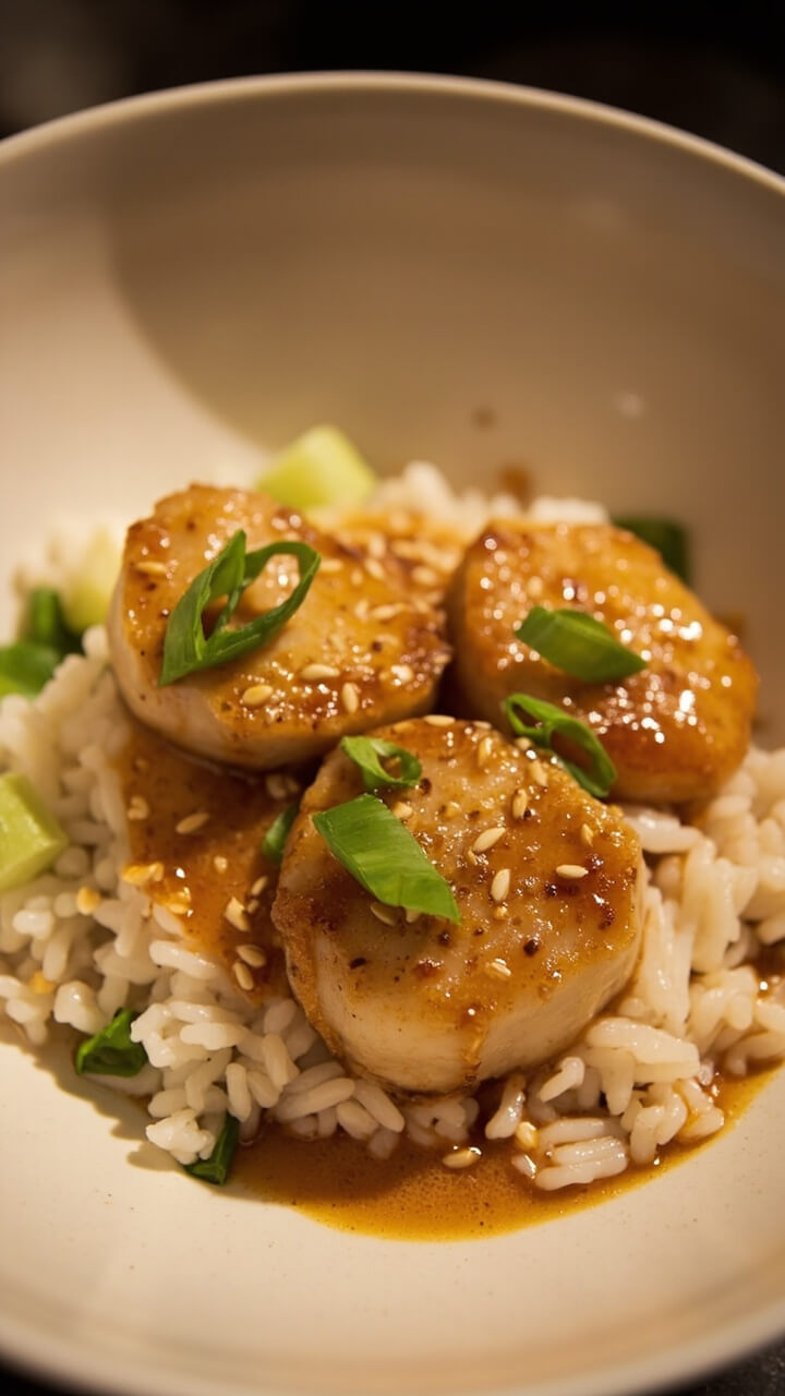 A rice bowl with a pile of steamed short-grain rice, topped with seared scallops glazed in miso sauce, and garnished with sliced green onions and sesame seeds.