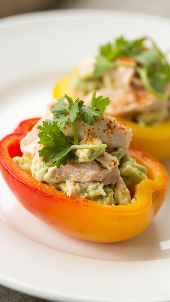 Red and yellow bell pepper halves, hollowed out and filled generously with a creamy tuna and avocado salad. Each boat is topped with a sprinkle of paprika and fresh cilantro leaves, set neatly on a white plate.