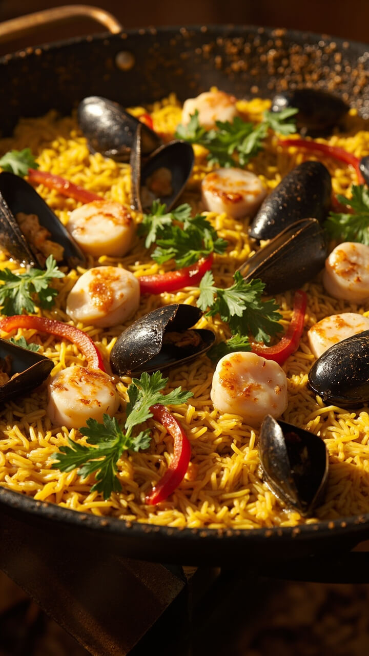 A classic paella pan filled with yellow saffron rice studded with scallops, black-shelled mussels, slices of red pepper, and fresh parsley sprinkled over the top.
