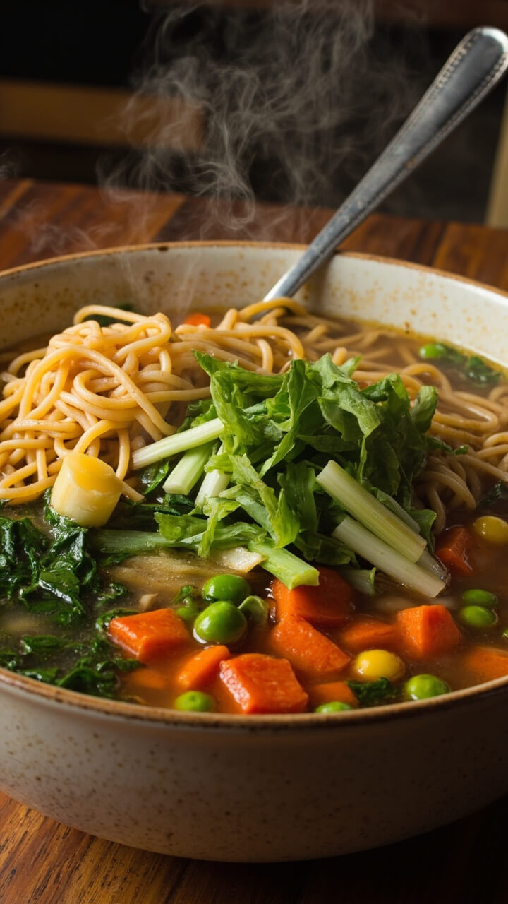 A large soup bowl filled with ramen noodles and a colorful array of carrots, peas, spinach, and corn in a light broth. Sliced scallions float on top with a spoon resting on the side.