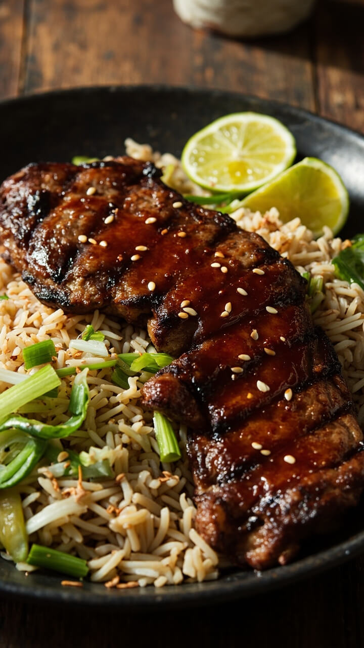 Grilled steak, deep red from gochujang marinade, sliced and served over jasmine rice with a scatter of scallions and sesame seeds, lime wedges on the side.