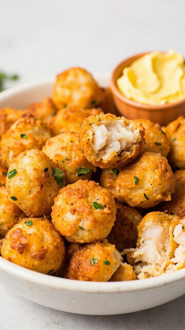 A bowl of round, golden-brown hush puppy balls dotted with green herbs, a few broken open to show flaky catfish bits inside, with a small cup of honey butter on the side.