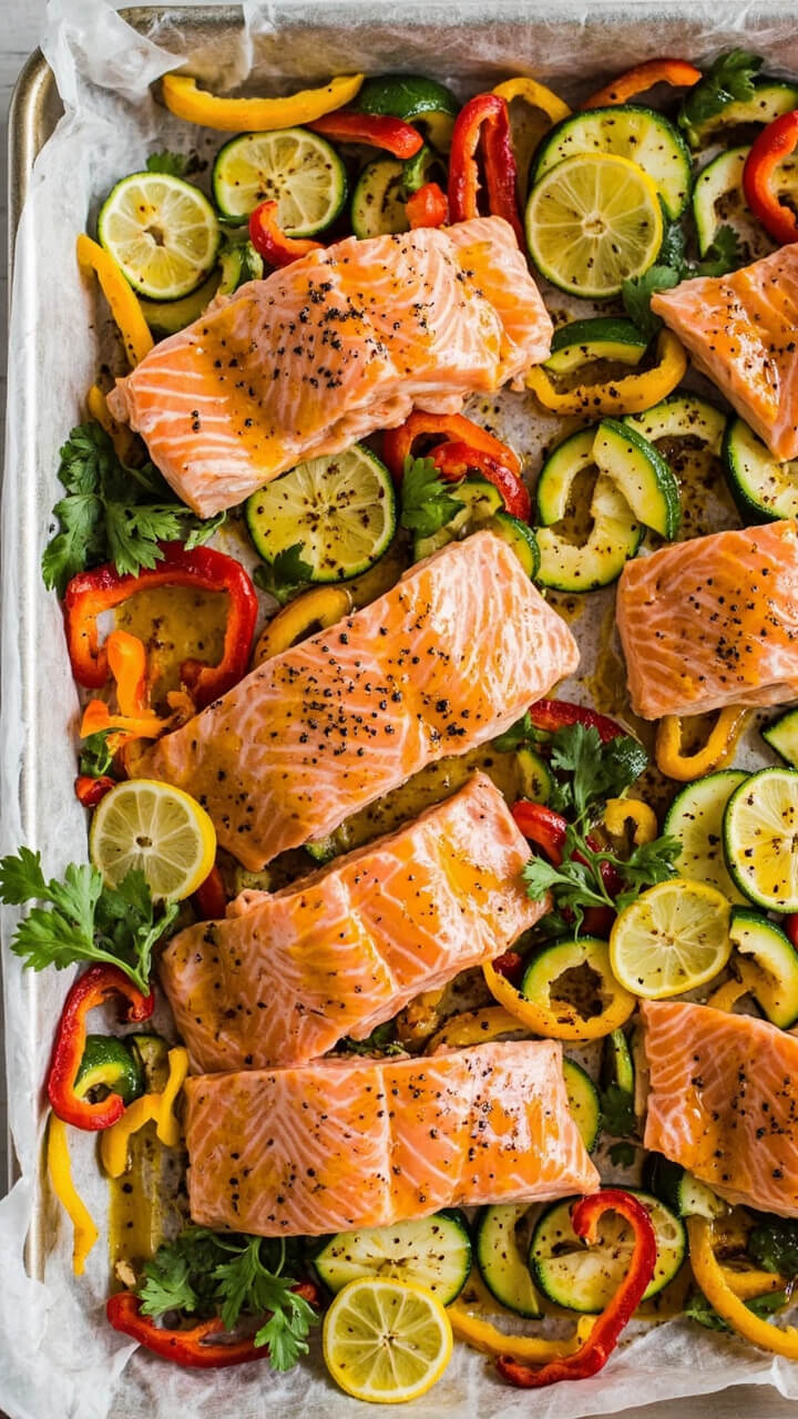 A sheet tray lined with parchment, four rosy salmon fillets nestled among colorful zucchini and bell pepper slices, lemon rounds scattered across everything, and a final sprinkle of fresh parsley. There’s a drizzle of olive oil glistening and a pinch of cracked pepper on top.