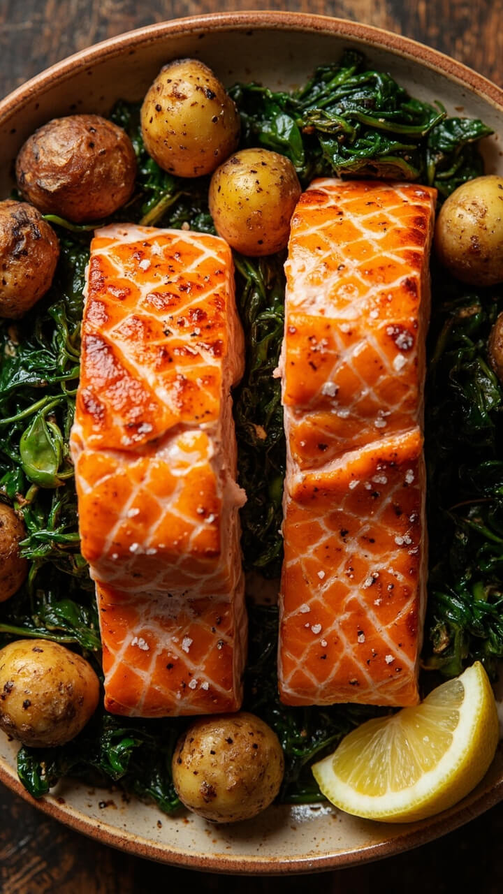 Two salmon fillets with golden, crackling skin, resting flesh-side up on a round ceramic plate. The plate also has roasted baby potatoes and a tangle of sautéed spinach, with a lemon wedge on the side.