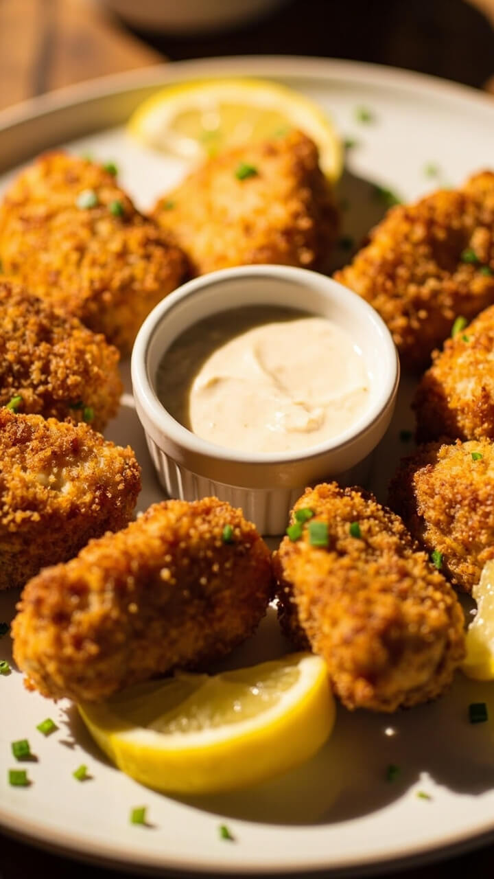A plate of chunky, golden-brown cod nuggets with a crunchy panko crust, arranged in a circle around a small bowl of creamy dipping sauce. Lemon wedges and a scattering of chives finish the look. A plate of chunky, golden-brown cod nuggets with a crunchy panko crust, arranged in a circle around a small bowl of creamy dipping sauce. Lemon wedges and a scattering of chives finish the look.