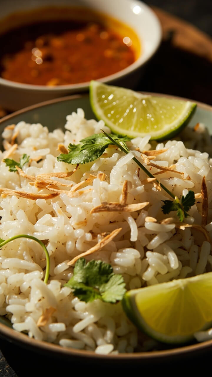 A medium serving bowl heaped with fluffy, glossy white coconut rice, flecked with toasted shredded coconut and cilantro leaves. A small dish of curry in the background and a wedge of lime on the rim. A medium serving bowl heaped with fluffy, glossy white coconut rice, flecked with toasted shredded coconut and cilantro leaves. A small dish of curry in the background and a wedge of lime on the rim.