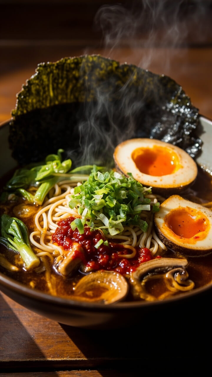 Steaming deep bowl of ramen topped with a halved soft-boiled egg, bright green bok choy, sliced mushrooms, and a swirl of red chili oil. The miso broth looks rich and inviting with thinly sliced scallions sprinkled on top.