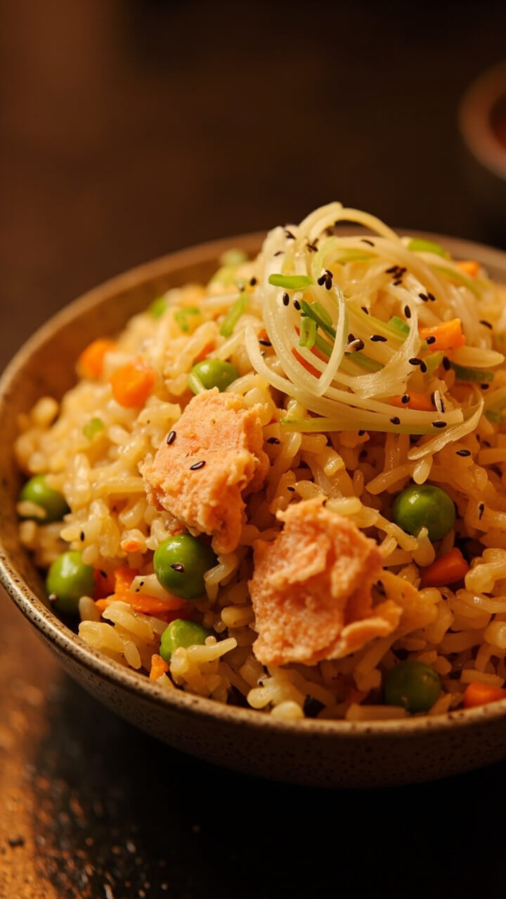 A speckled ceramic bowl filled with fluffy golden fried rice, bright crab meat flakes throughout, dotted with green peas, carrots, and scattered green onion, finished with a light sprinkle of sesame seeds. A speckled ceramic bowl filled with fluffy golden fried rice, bright crab meat flakes throughout, dotted with green peas, carrots, and scattered green onion, finished with a light sprinkle of sesame seeds.