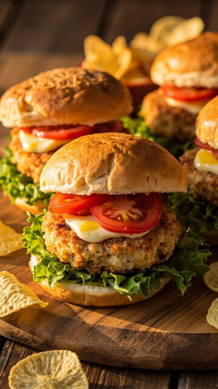 Golden crab cake patties nestled in toasted brioche buns with green leaf lettuce, ripe tomato slices, and a generous dollop of lemony mayo, served on a wooden board with a handful of kettle chips. Golden crab cake patties nestled in toasted brioche buns with green leaf lettuce, ripe tomato slices, and a generous dollop of lemony mayo, served on a wooden board with a handful of kettle chips.