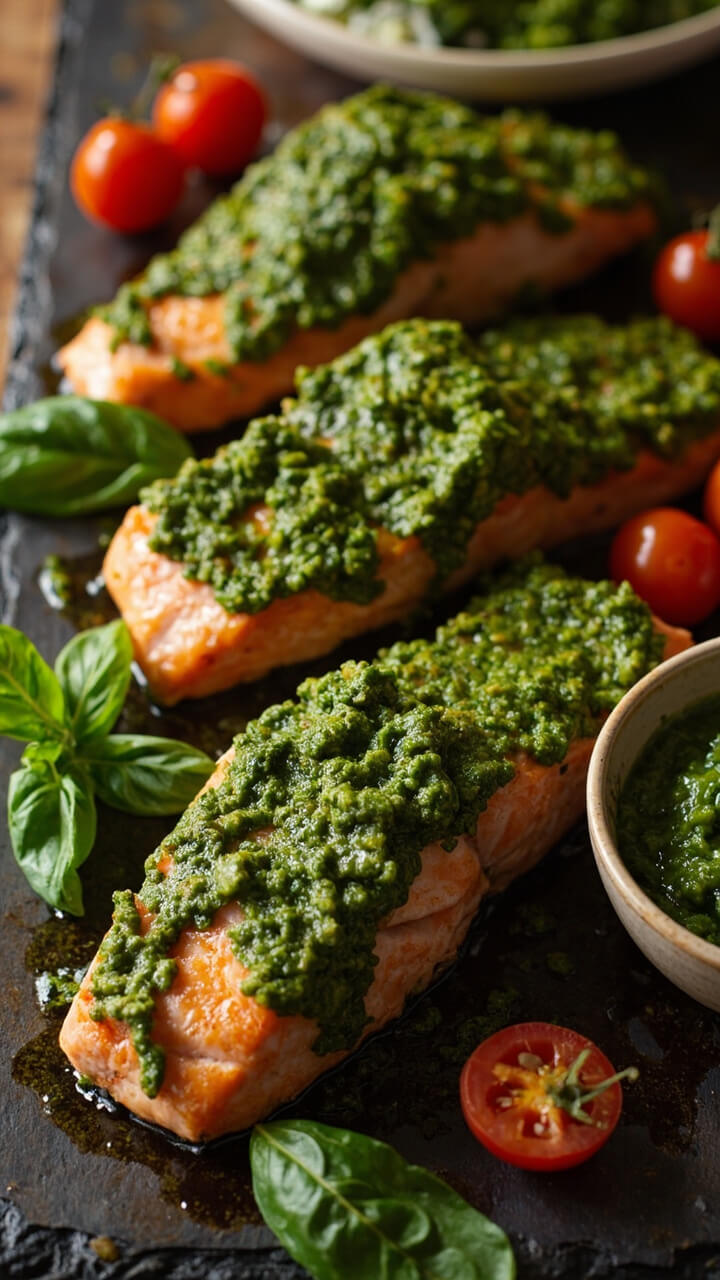Salmon fillets slathered in green basil pesto and baked until the top crisps up, arranged on a slate board with cherry tomatoes and a small dish of pesto for extra dolloping. The salmon’s pink contrasts with the green sauce, and a few fresh basil leaves are scattered around.