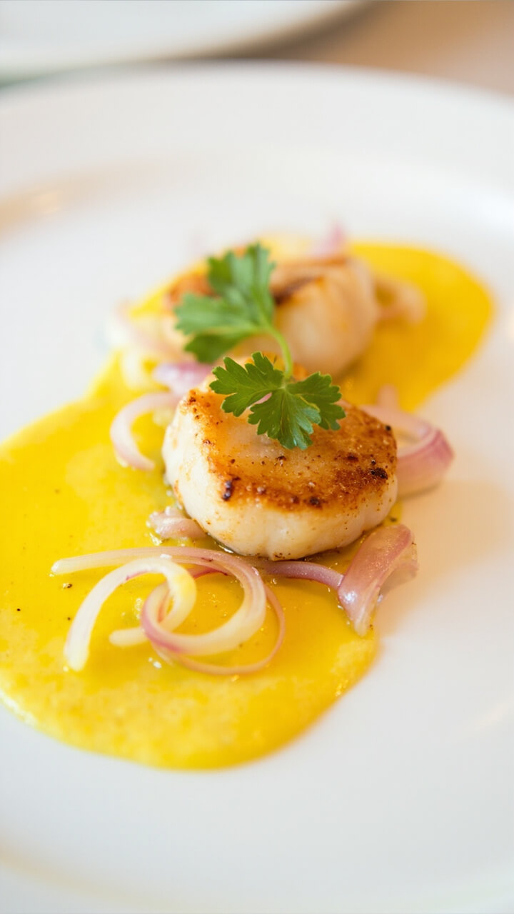 A round white plate with a bright yellow smear of corn puree, three seared scallops sitting on top, pink curls of pickled shallot, and a sprig of fresh cilantro.