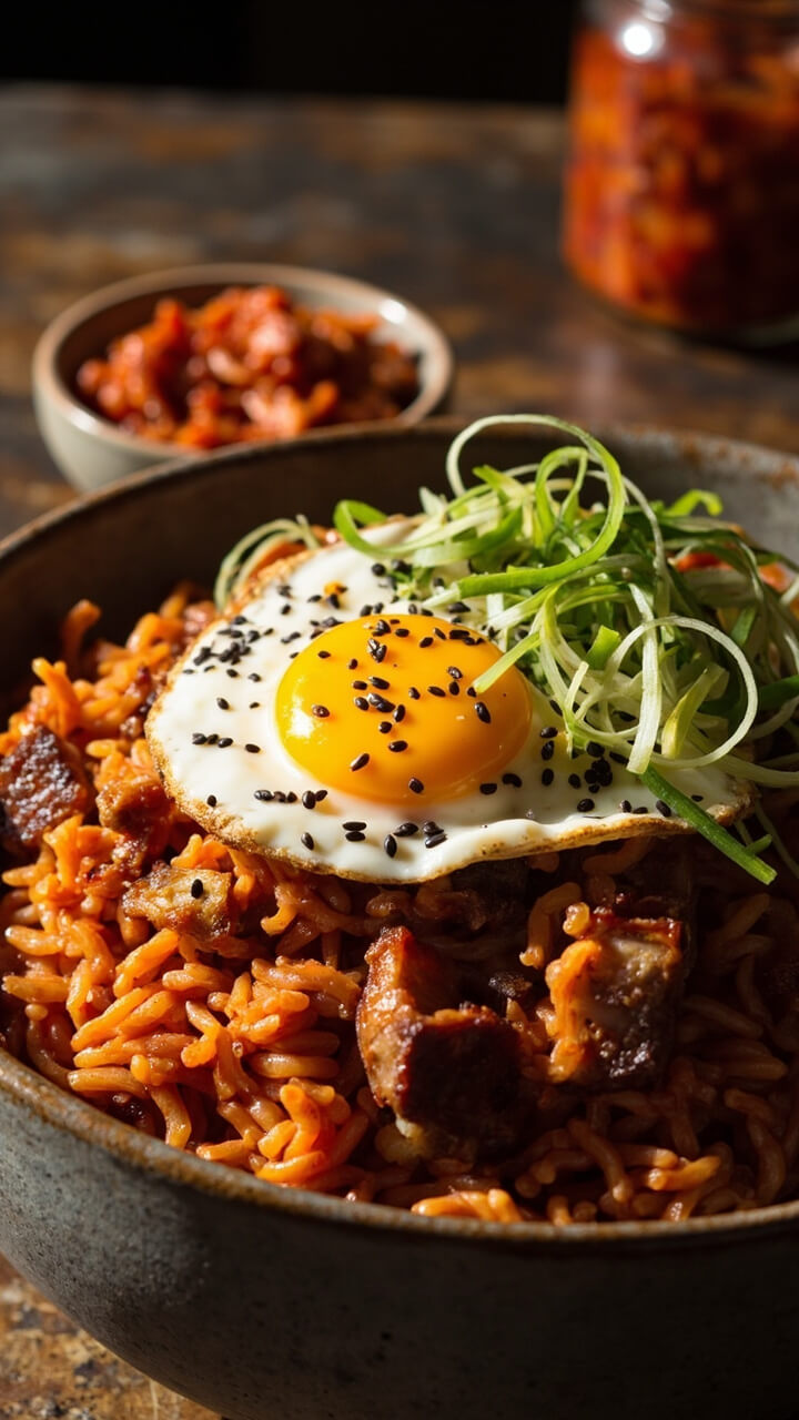A rustic gray bowl with bright orange-red rice from kimchi, studded with bits of crispy pork or tofu, all topped with a sunny fried egg and thin-sliced scallions. Black sesame seeds are scattered over, with a side dish of extra kimchi. A rustic gray bowl with bright orange-red rice from kimchi, studded with bits of crispy pork or tofu, all topped with a sunny fried egg and thin-sliced scallions. Black sesame seeds are scattered over, with a side dish of extra kimchi.