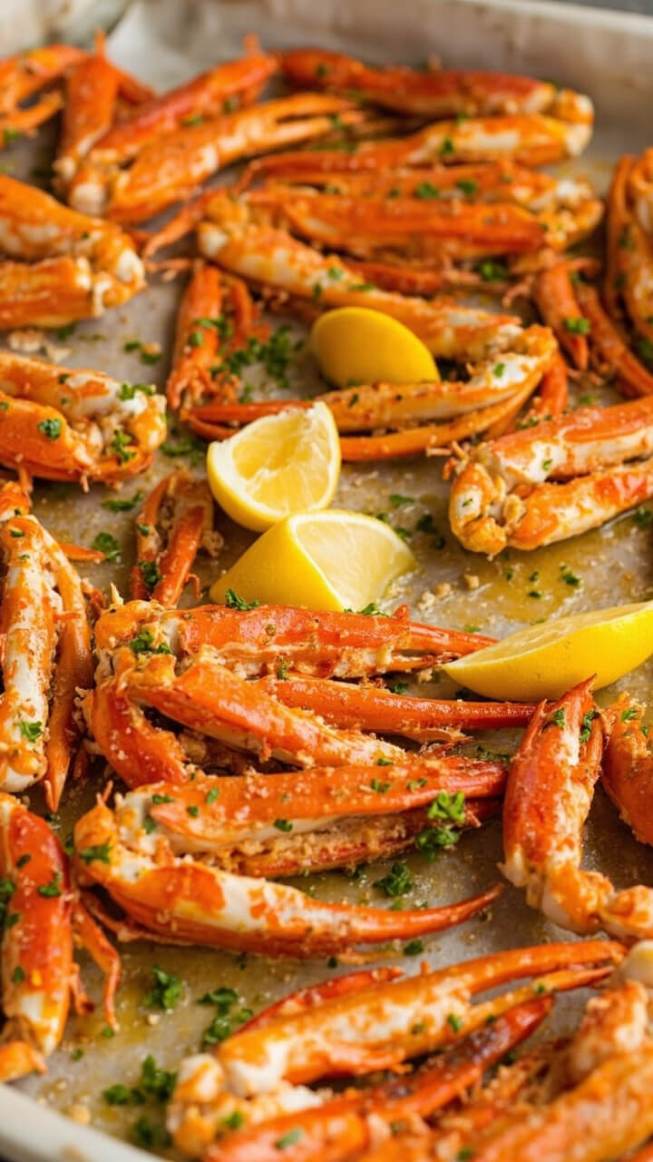Clusters of bright orange crab legs glistening with melted garlic butter, scattered with chopped parsley, nestled on a parchment-lined baking sheet with lemon wedges. Clusters of bright orange crab legs glistening with melted garlic butter, scattered with chopped parsley, nestled on a parchment-lined baking sheet with lemon wedges.