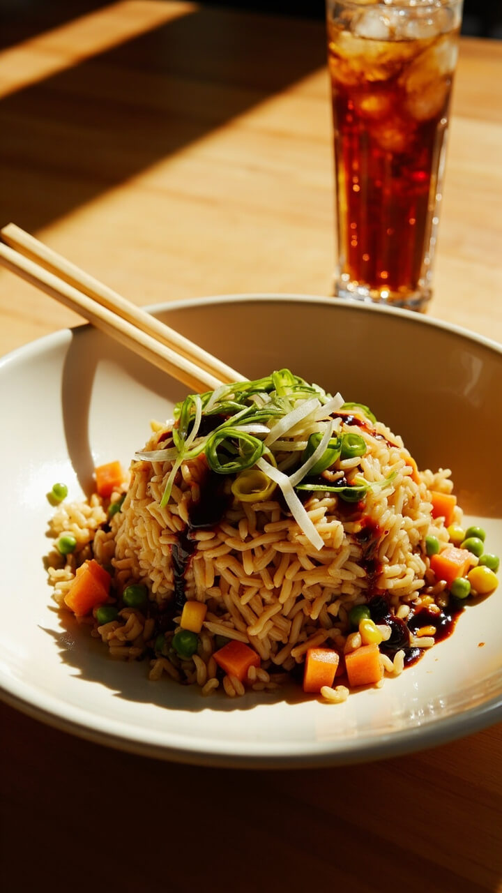 A wide white shallow bowl holding a colorful mound of golden-brown fried rice dotted with crisp carrots, peas, and sweet corn. Scattered green onion slices on top, chopsticks resting on the edge, and a drizzle of soy sauce glistening over everything. Set on a clean wooden table with a glass of iced tea nearby. A wide white shallow bowl holding a colorful mound of golden-brown fried rice dotted with crisp carrots, peas, and sweet corn. Scattered green onion slices on top, chopsticks resting on the edge, and a drizzle of soy sauce glistening over everything. Set on a clean wooden table with a glass of iced tea nearby.