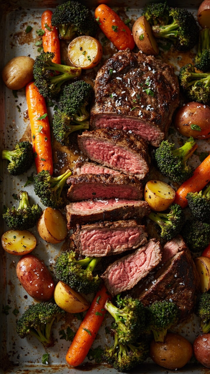 Slices of medium-rare sirloin surrounded by roasted broccoli, baby potatoes, and carrots on a large grey baking sheet, sprinkled with chopped parsley and coarse sea salt.