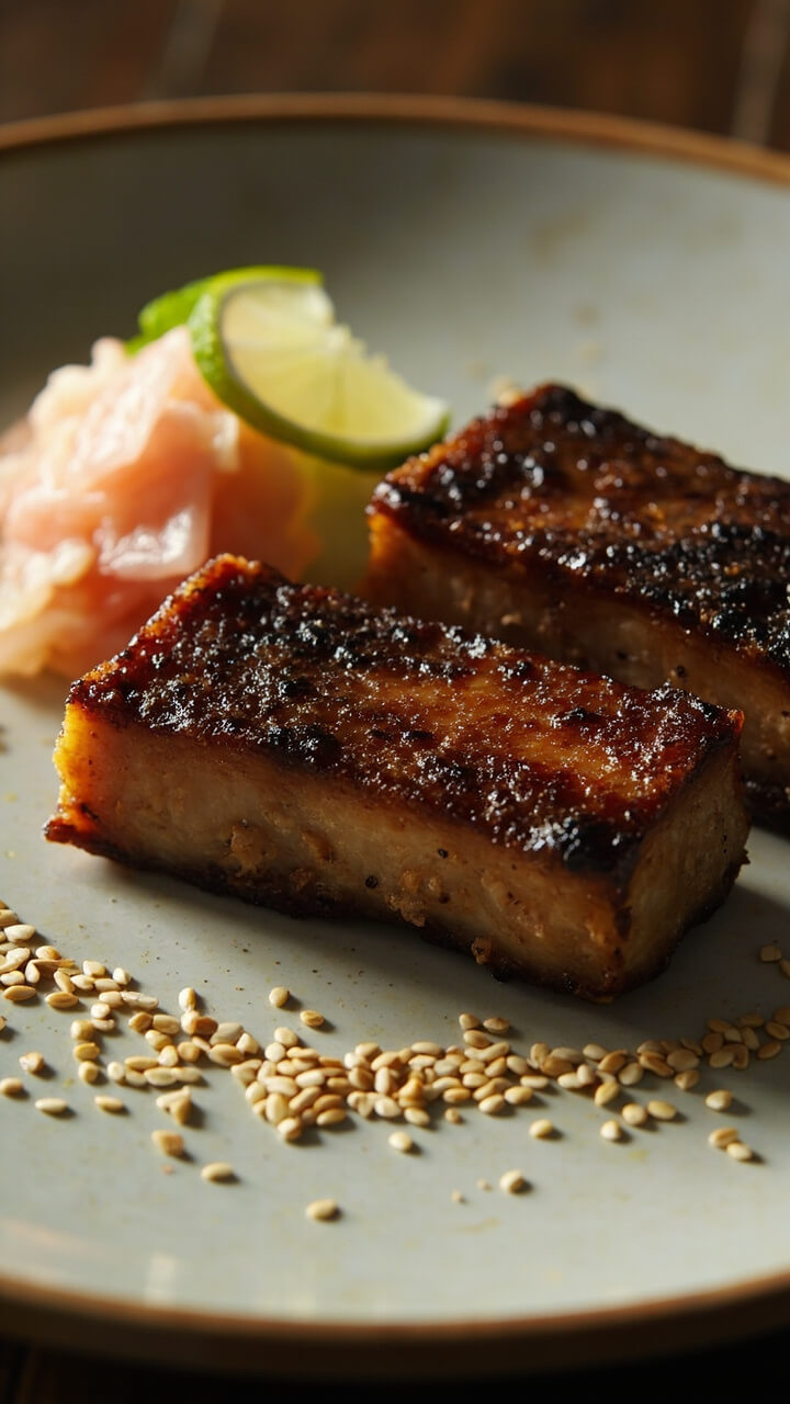 Two thick pieces of black cod with shiny, caramelized brown tops, served on a ceramic plate with pickled ginger, a small wedge of lime, and a sparse sprinkle of sesame seeds.