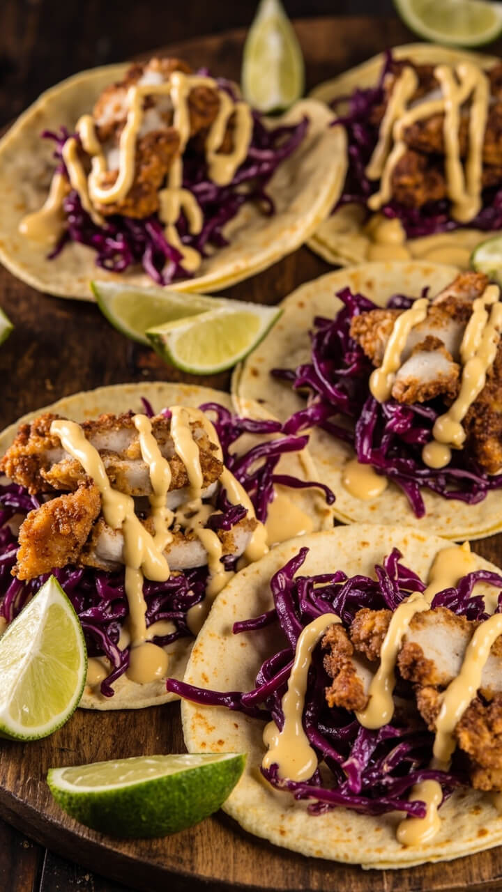 Corn tortillas piled with crispy white fish strips, a heap of purple cabbage slaw, a drizzle of creamy sauce, and a wedge of lime on each plate. Everything arranged on a casual wooden board for easy grabbing.