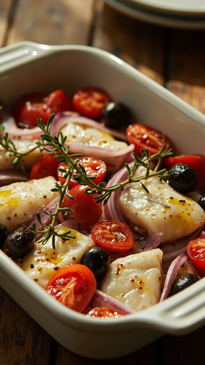 A shallow baking dish with white fish fillets surrounded by halved cherry tomatoes, Kalamata olives, red onion slivers, and sprigs of fresh thyme, all glistening with olive oil. Served family style at the table.