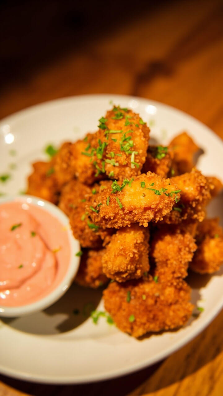 A round platter with a pile of golden-fried catfish nuggets, parsley sprinkled on top, and a small bowl of creamy pink Comeback Sauce for dipping.