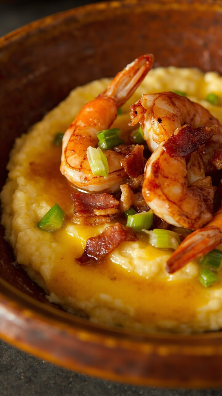 A shallow ceramic bowl with a creamy bed of yellow grits, topped with sautéed shrimp, bits of crispy bacon, scallions, and a rich, buttery pan sauce drizzled over everything.